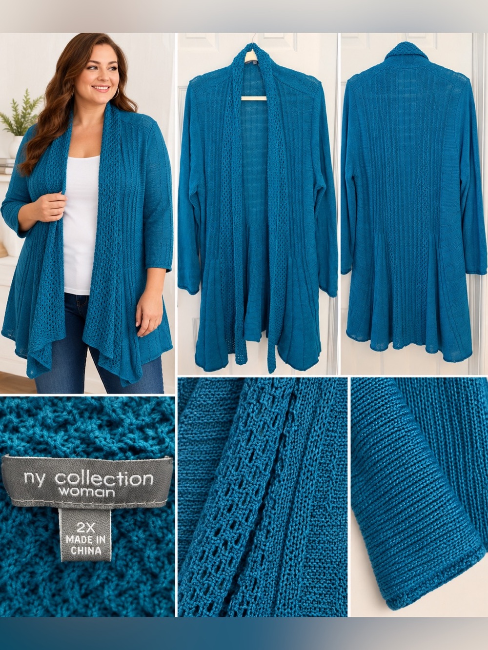 NY Collection Teal Open-Front Draped Cardigan